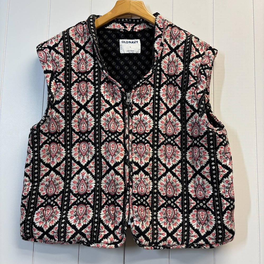Old Navy Boho Floral Quilted Vest Women Large Indie Cottage Folk Hippie Cozy